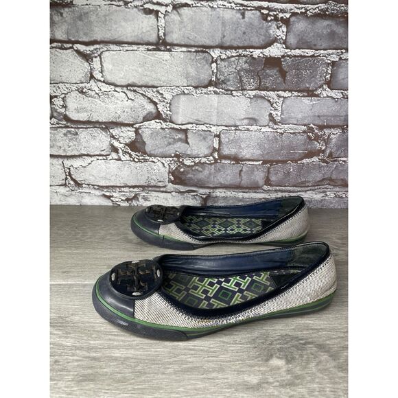 Tory Burch Channing Black Patent Leather Green Gray Canvas Ballet Flats Women 7M - Picture 16 of 16